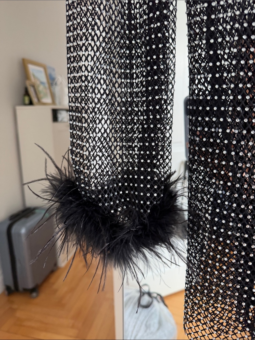 12th tribe Black Beaded Mesh Dress with Feather Cuffs - Picture 4 of 5